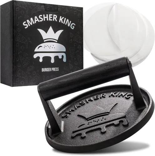 SMASHER KING™ - Prensa de hamburguesa premium de hierro fundido con 25 piezas de papel para hamburguesas, prensa de hamburguesas para plancha con