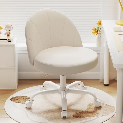 Miniatura 15 de Silla de tocador de terciopelo con ruedas, silla giratoria de maquillaje de altura ajustable, silla de escritorio pequeña sin brazos para Blanco-2