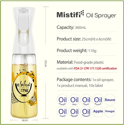 Miniatura 7 de Mistifi Oliver - Pulverizador de aceite para cocinar, botella de spray de 12 onzas, dispensador de aceite recargable sin aerosol, estilo ensalada