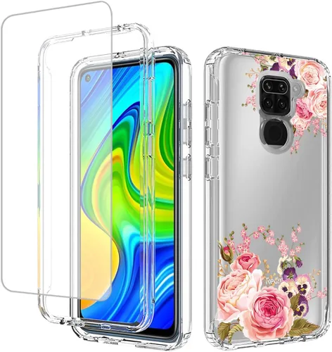 Miniatura 8 de Funda para Redmi Note 9/Redmi 10X 4G M2003J15SC con protector de pantalla de vidrio templado, cuerpo completo transparente con diseño floral, fundas