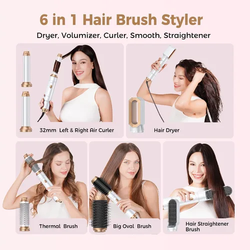 Miniatura 2 de Cepillo secador de cabello mágico Air Styler 6 en 1, cepillo secador iónico negativo y 3 configuraciones de calor, rizado automático desmontable