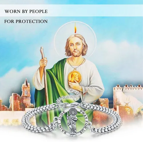 Miniatura 107 de Pulsera unisex de San Miguel/Cristóbal/Benedicto/Jude/José/Guadalupe/Ángel de la Guarda/Santa Muerte Pulsera de plata de ley 925 con cadena de doble