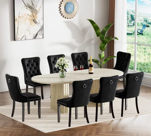 Miniatura 14 de Juego de 4 mesas de comedor extensibles, mesa de comedor ovalada negra y 4 sillas de comedor de terciopelo negro con patas de madera, juego de mesa