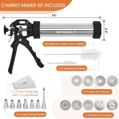 Miniatura 5 de Máquina para hacer churros, kit de pistola Churro de acero inoxidable de 21 piezas, pistola para hacer churros, juego de prensa de galletas, churro