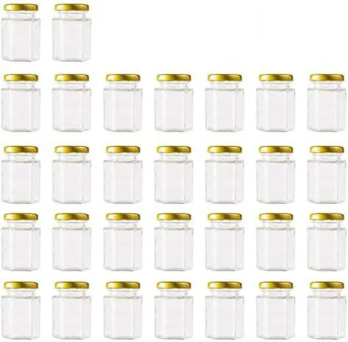 Miniatura 9 de Tarros hexagonales transparentes de 1.5 onzas, pequeños frascos de vidrio para miel con tapas (dorados), tarros Mason para hierbas, alimentos