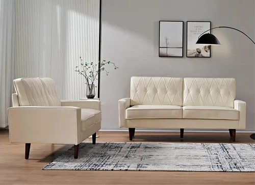 Miniatura 7 de Container Furniture Direct Sofá biplaza de piel sintética de estilo moderno con elegantes patas redondas cónicas y respaldo copetudo con botones