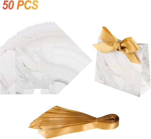 Miniatura 6 de Yoption 50 cajas de regalo de boda, pequeñas bolsas de regalo de agradecimiento, cajas de dulces con lazo dorado, boda, despedida de soltera, fiesta