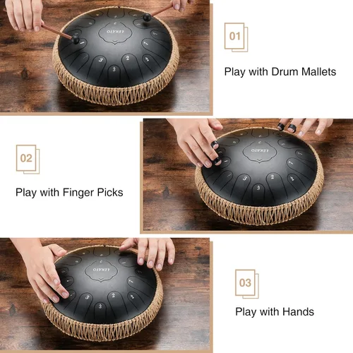 Miniatura 3 de Tambor de Lengua de Acero de 13 Pulgadas 15 Notas, LEKATO Tambor de Acero Clave C Principiante/Profesional Zen Tambor de Percusión para Meditación