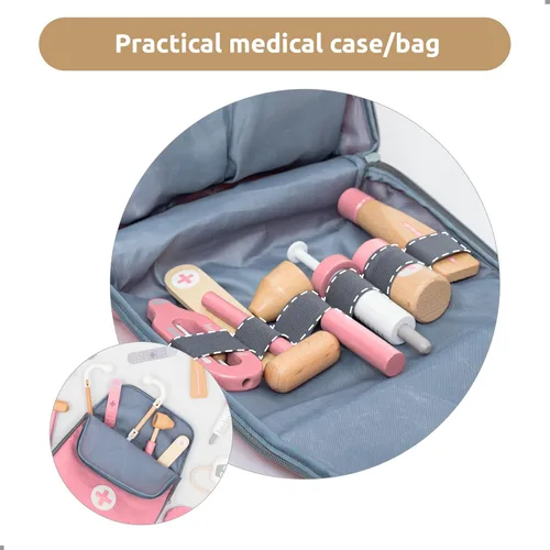 Miniatura 3 de UMU® Mini kit médico de madera para niños – 14 piezas de juego médico para niños pequeños con estetoscopio, jeringa, bolsa de médico, manguito