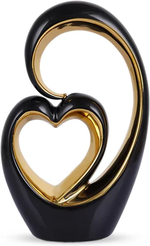 LCCCK Decoración de corazón de cerámica, estatua de amor, escultura de corazón negro y dorado, decoración de pareja para dormitorio, centros de mesa