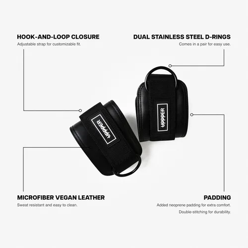 Miniatura 2 de UPPPER Correas de tobillo para máquinas de cable (par) – Accesorio de puño de cable acolchado ajustable para gimnasio, doble anillo en D, calidad