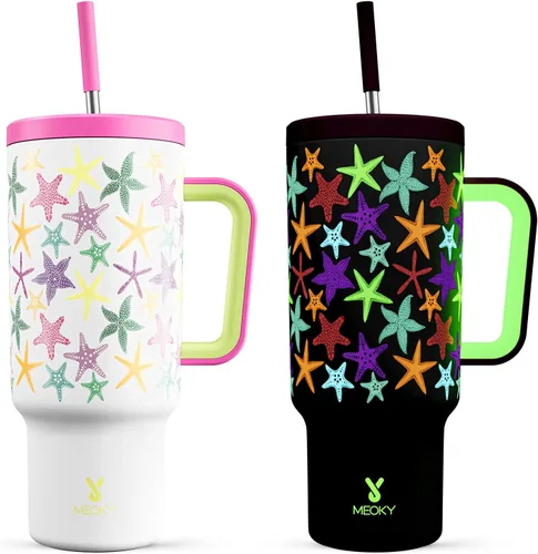 Miniatura 15 de Meoky Vaso de 40 onzas que brilla en la oscuridad con asa y popote, vaso con tapa y pajita, vaso aislado de acero inoxidable para viaje, 100% a