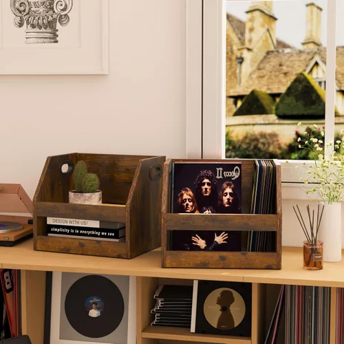 Miniatura 4 de YMYNY Soporte para almacenamiento de discos, caja de vinilo con asa, estante de libros, organizador de escritorio trapezoidal LP para carpetas
