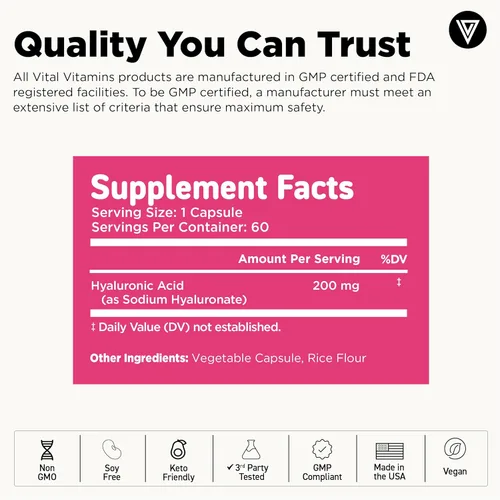Miniatura 6 de Vital Vitamins Suplementos de ácido hialurónico - Hecho con 200 mg de ácido hialurónico de bajo peso molecular - Apoya la hidratación y elasticidad