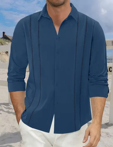 Miniatura 6 de Camisas de manga larga con botones para hombre, cuello con cuello, guayabera cubana, blusa casual de verano para la playa Azul (Blue Ashes)