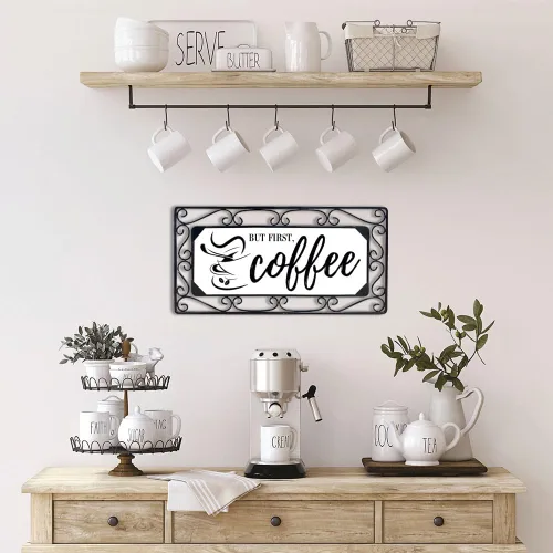 Miniatura 5 de Letrero de café, arte de pared de metal para bar, decoración de cocina y oficina con cita "But First Coffee", letrero para el hogar estilo café, 16