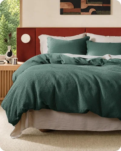 Bedsure - Juego de funda de edredón de algodón tamaño queen, 100% algodón con tejido gofre color verde bosque, funda para edredón tamaño queen, ropa