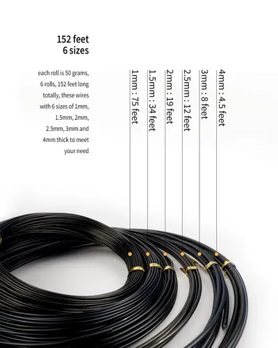 Miniatura 2 de 6 piezas de alambre para bonsái, 6 tamaños de 1 mm, 1,5 mm, 2 mm, 2,5 mm, 3 mm, 4 mm de alambre de aluminio negro, kit de herramientas para bonsái
