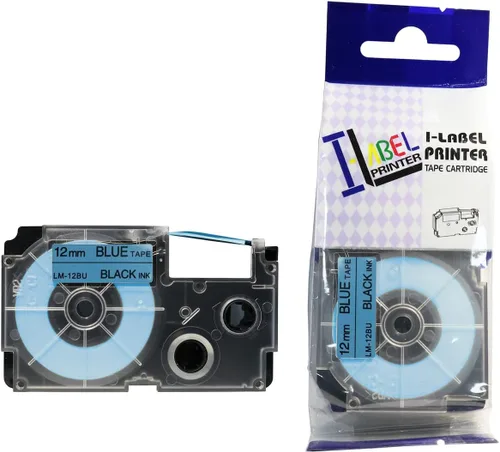 LM Tapes - Cinta de etiquetas negra sobre azul de 0.472 in compatible de alta calidad para usar en impresoras de etiquetas Casio KL7200 / KL-7200 EZ