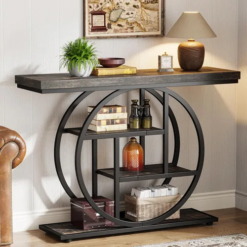 Miniatura 12 de Tribesigns Mesa de Consola de 41.3", Mesa Industrial de 4 Niveles para Sofá Mesa de Entrada con Base Circular, Mesas de Acento de Madera Estrechas