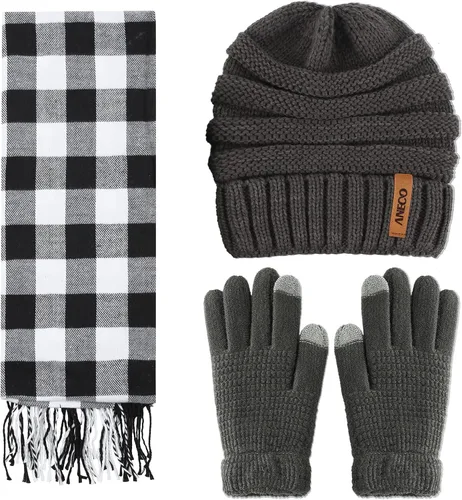 Miniatura 6 de Aneco Conjunto de bufanda de punto cálido de invierno para hombres y mujeres bufanda elástica suave