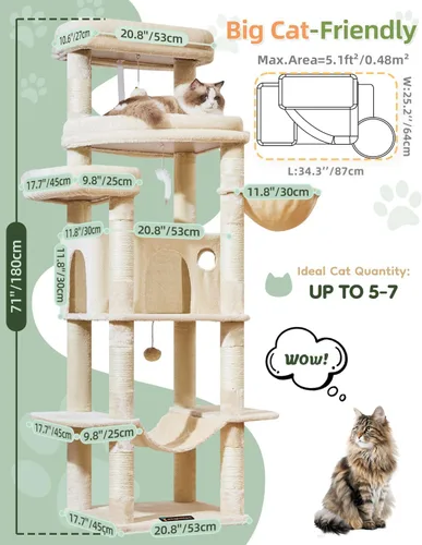 Miniatura 2 de Taoqimiao - Árbol para gatos de 71 pulgadas para gatos grandes de 20 libras +, 3 perchas gigantes, torre de árbol para gatos de varios niveles