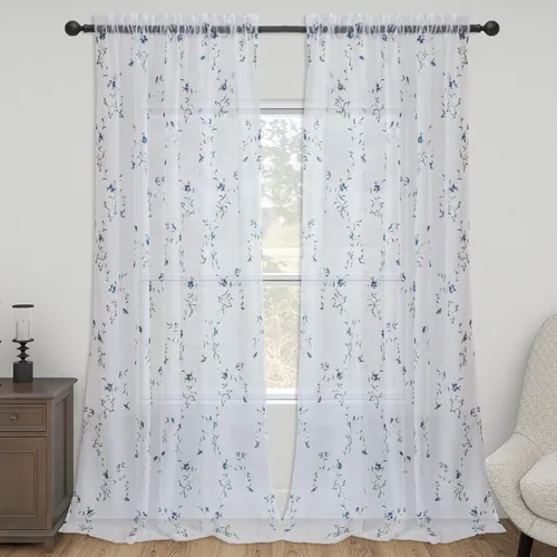 Miniatura 14 de Taisier Home Cortinas Traslúcidas Blancas Florales con Estampado de Flores y Bordado de Enredaderas para Dormitorio, Cortina con Bolsillo