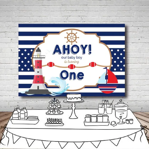 Miniatura 4 de MEHOFOND Ahoy - Telón de fondo náutico para primer cumpleaños con diseño de rayas azules, barco, bebé, bebé, cumpleaños, fotografía de fondo