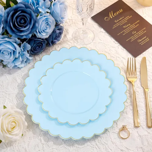 Miniatura 2 de LIYH - 120 platos de plástico azul bebé con borde dorado, platos desechables de plástico azul claro, incluye 60 platos llanos de 10.25 pulgadas y 60
