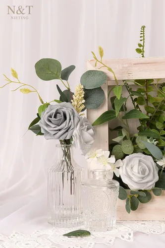 Miniatura 395 de N&T NIETING Flores artificiales, rosas artificiales de color rosa intenso, 50 piezas de flores falsas con tallo para ramos de boda DIY, centros