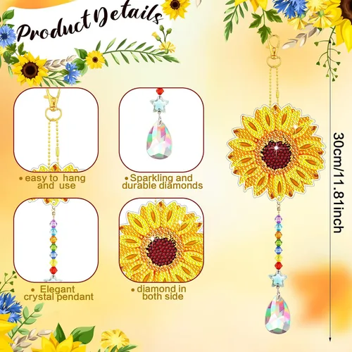 Miniatura 4 de Tradder Juego de 6 piezas de arte de diamantes de girasol, atrapasoles para adultos, campanillas de viento de girasol, adornos de mariposa de doble