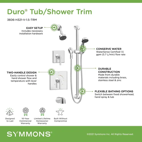 Miniatura 4 de Symmons 3606-H321-V-1.5-TRM Duro - Bañera de 2 manijas y 1 regadera con 1 rociador de ducha de mano en cromo pulido (válvulas no incluidas)