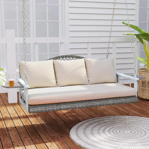 Miniatura 9 de Outsunny Silla columpio de mimbre para 3 personas, resistente, 800 libras con soporte para tazas, 57 pulgadas, ratán al aire libre, banco colgante
