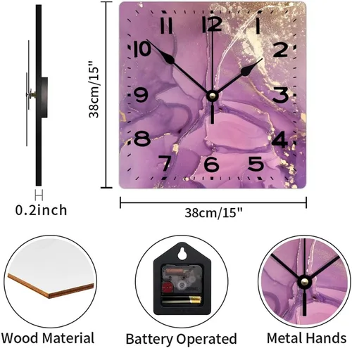 Miniatura 2 de Reloj de pared de madera púrpura y dorado con textura de purpurina de 15 pulgadas, reloj de pared de madera cuadrado clásico con números grandes