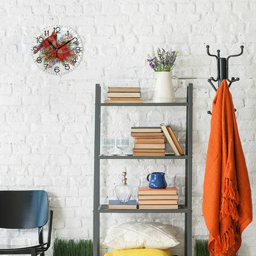 Miniatura 4 de Reloj de pared con diseño de flor de pascua de Navidad y pájaro de invierno, funciona con pilas, sin tictac, silencioso, de cuarzo, analógico, Flor