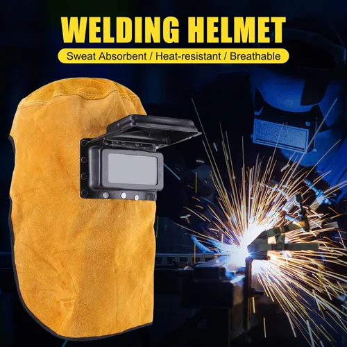 Miniatura 2 de Casco de soldadura de cuero de vaca dividido, con lente abatible, casco ajustable, capucha de soldadura de cuero de grano dividido resistente al