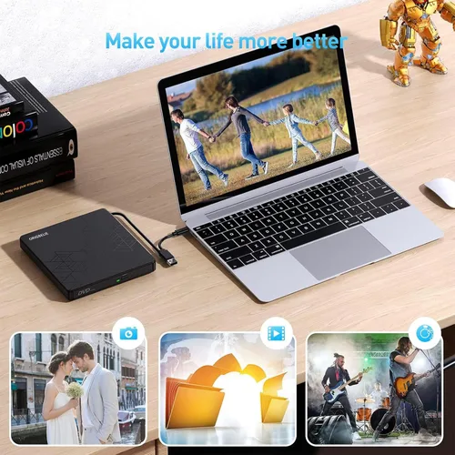 Miniatura 4 de ORIGBELIE Unidad externa de CD y DVD, grabadora de CD USB 3.0 con 2 puertos USB y 2 ranuras para tarjetas TF/SD, unidad de disco óptico