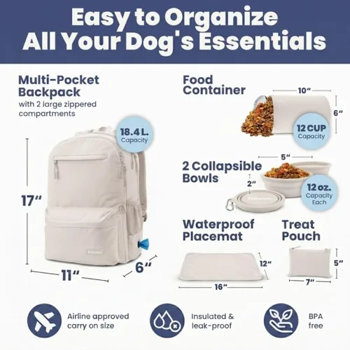 Miniatura 3 de Bolsa de viaje para perros – Mochila completa para pañales para perros con 2 cuencos de viaje sin BPA, bolsa de golosinas, contenedor de alimentos