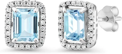 Miniatura 17 de Gem Stone King Aretes de plata de ley 925 con piedra natal Corte esmeralda de 0.315 x 0.236 in Aretes de halo para mujer