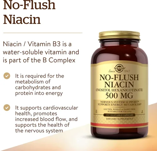 Miniatura 3 de Solgar Niacina sin enjuague de 500 mg, 250 cápsulas vegetales - Apoyo cardiovascular - Apoya el metabolismo energético - Entrega sin enjuague
