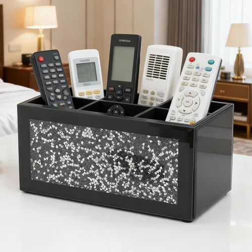 SHYFOY Soporte de vidrio para control remoto con 6 compartimentos, caja de almacenamiento para control remoto de TV, organizador de escritorio,