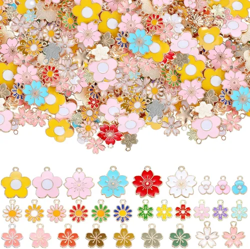 Kigeli 120 dijes de flores para hacer joyas, varios metales mezclados con flores de primavera, flores de cerezo, colgantes de pulsera, colgantes
