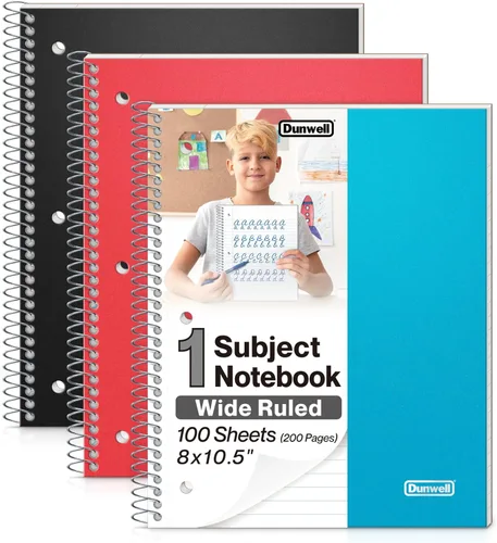 Miniatura 10 de Dunwell Cuaderno de espiral de 1 materia (rojo), cubierta de plástico, 100 hojas (200 páginas) de papel de 8 x 10.5 pulgadas, rayas anchas para una