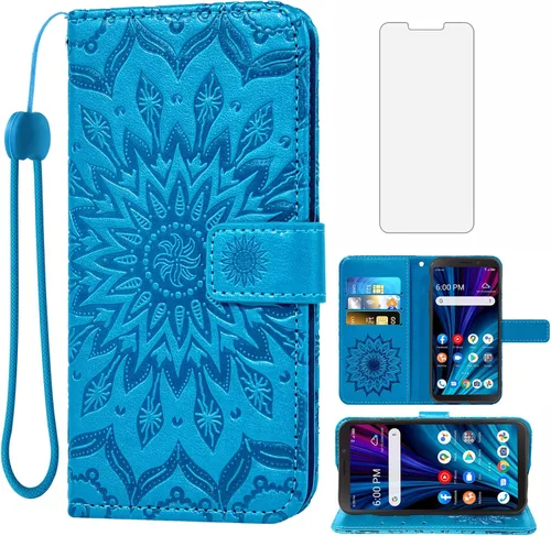 Asuwish Funda de teléfono para Alcatel TCL A3X A600DL - Funda tipo cartera con protector de pantalla de vidrio templado y piel de girasol, funda