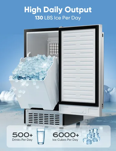 Miniatura 2 de Coolski - Máquina de hielo de 130 libras/día, para debajo de la encimera, de acero inoxidable, independiente, con capacidad de almacenamiento