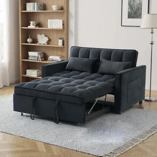 ECHINGLE - Sofá cama desplegable, sofá de terciopelo 3 en 1 con apoyabrazos, bolsillos de almacenamiento y 2 almohadas, respaldo ajustable, sofá