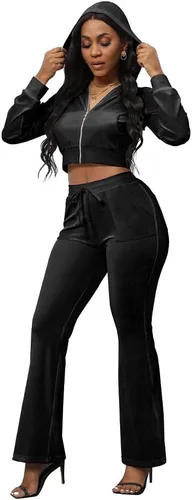 Miniatura 3 de PINSV Conjunto de 2 piezas de terciopelo para mujer, sudadera con capucha y cremallera para correr, conjunto de entrenamiento