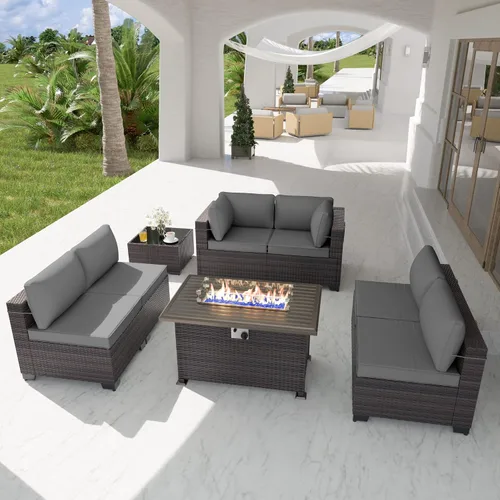 Miniatura 55 de Kurapika juego de muebles de patio 4 piezas de mimbre al aire libre, sillas de ratán, juego informal con mesa de café, juego de bistró con mecedora