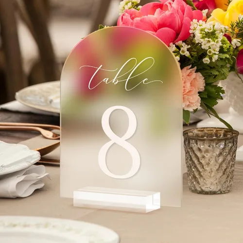 Miniatura 7 de Números de mesa de arco transparente para boda, mesa de acrílico arqueada de 5 x 7 pulgadas, números 1-10 con soportes, letrero de arco de acrílico