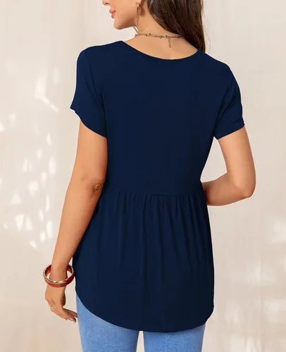 Miniatura 3 de YOGOLAI Blusas casuales de gasa para mujer, manga acampanada, cuello en V, plisadas, holgadas